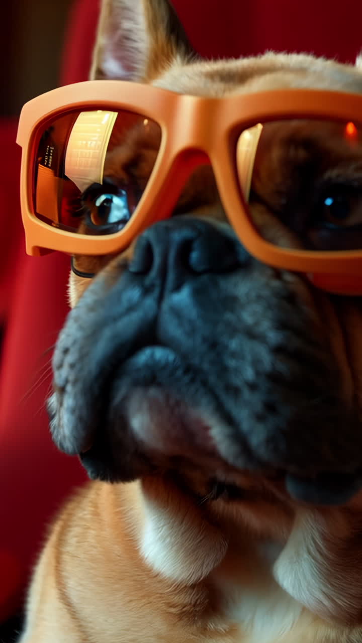 Two dogs wearing sunglasses and sitting on a red couch. Scene is lighthearted and playful