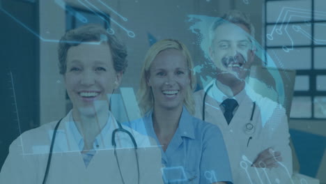 medical professionals smiling with digital data and world map animation overlay