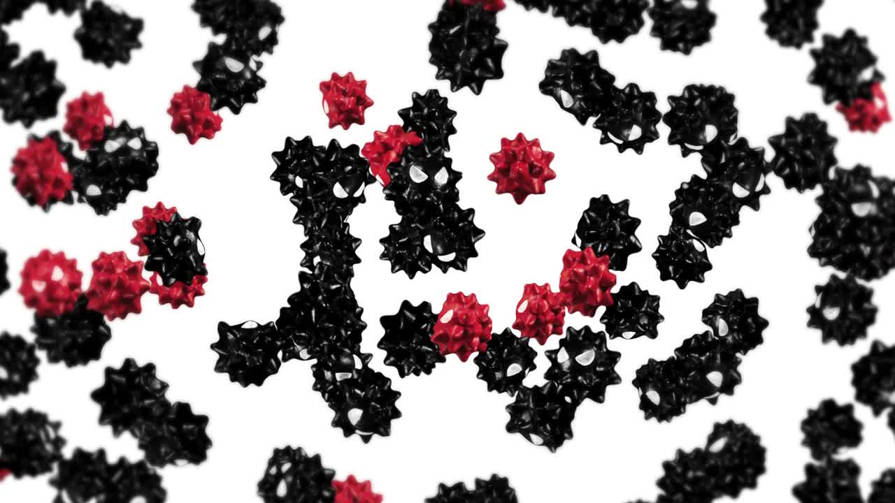 volando muchos virus en personaje de dibujos animados. rojo y negro. nueva cepa. variante. concepto médico. mascota de virus con enojado. animación de bucle 3d.