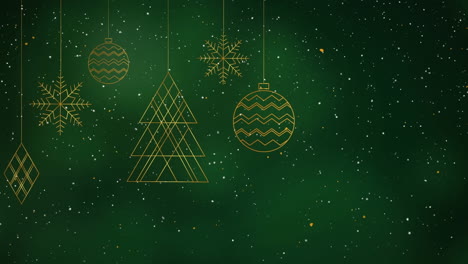 animación de nieve cayendo sobre decoraciones de navidad en fondo verde