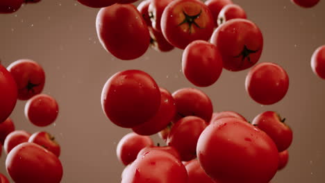 Clearly-clean-red-tomatoes-with-water-droplets-falling-down-in-front-of-the-blurry-background.-Slow-motion-computer-generated-imagery-presenting-realistic-looking-vegetables-in-the-air.-HD