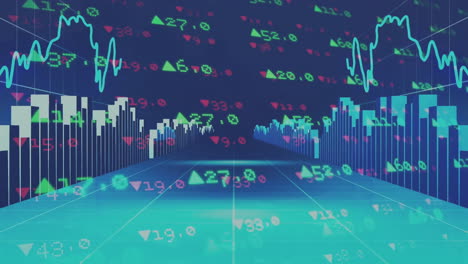 stock market data and financial graphs animation over digital grid background