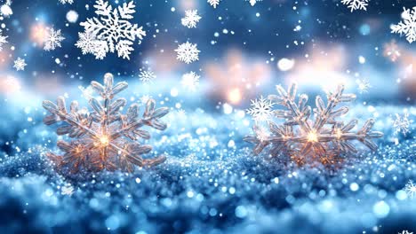 two snowflakes are on a blue background. the snowflakes are lit up and appear to be glowing