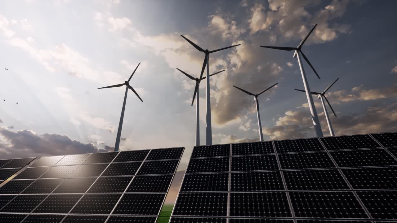 3d Wind farm with green field in the background. Alternative renewable energy generation. Environmental conservation concept. Realistic 3d animation Wind turbines