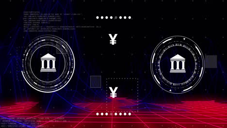 Animación-De-Símbolos-De-Moneda-Con-Procesamiento-De-Datos-Sobre-Montañas-Digitales-Sobre-Fondo-Negro