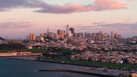 Beautiful-drone-aerial-view-of-downtown-San-Francisco-at-sunset