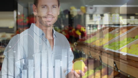 animation of financial data over happy caucasian man shopping at market, picking lemon