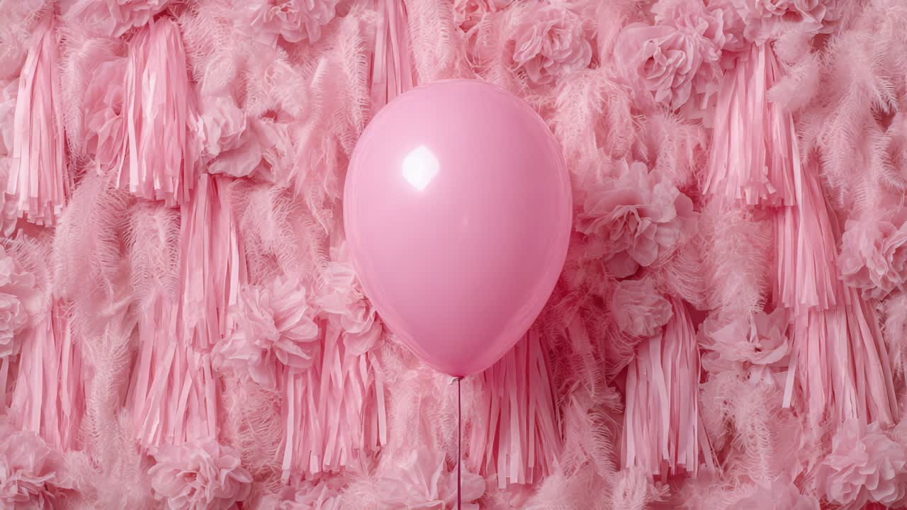Un vivace palloncino rosa che galleggia elegantemente contro una romantica parete rosa adornata con decorazioni soffici per celebrazioni festive e occasioni speciali