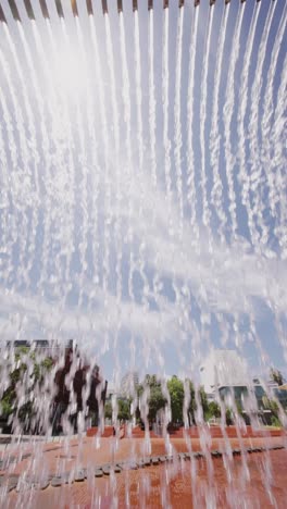 View from behind a modern outdoor water fountain