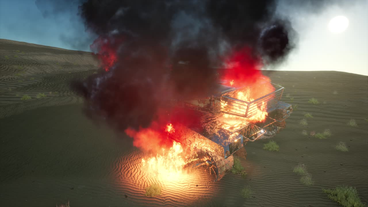 tanque quemado en el desierto al atardecer