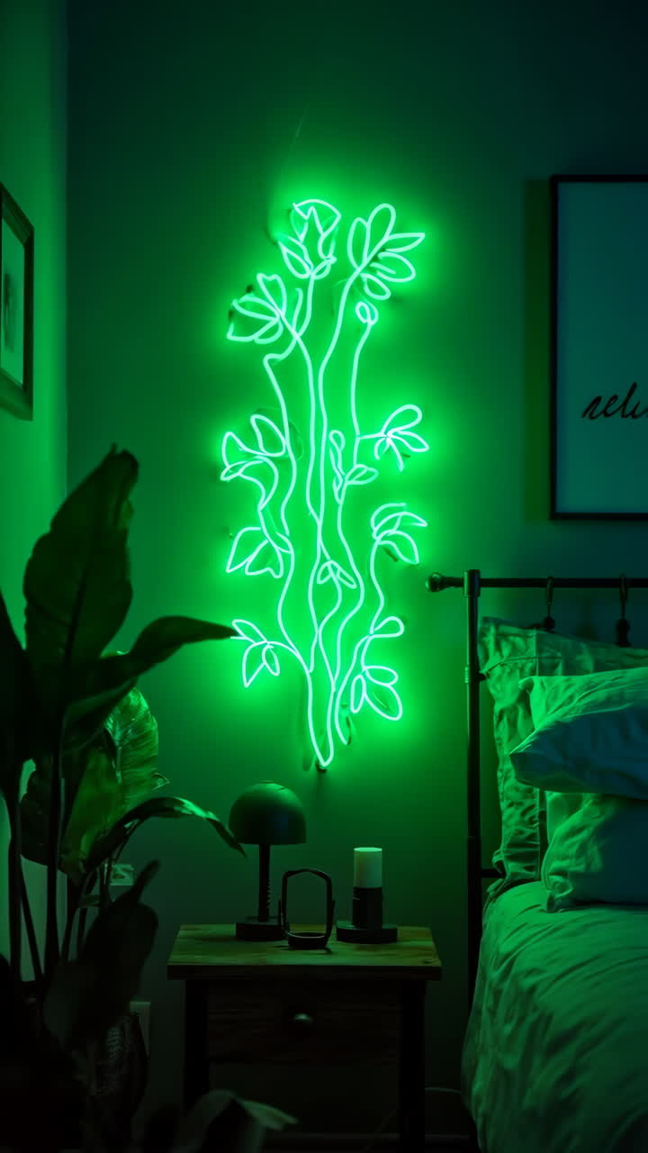 Green Neon Plant Wall Art in a Bedroom