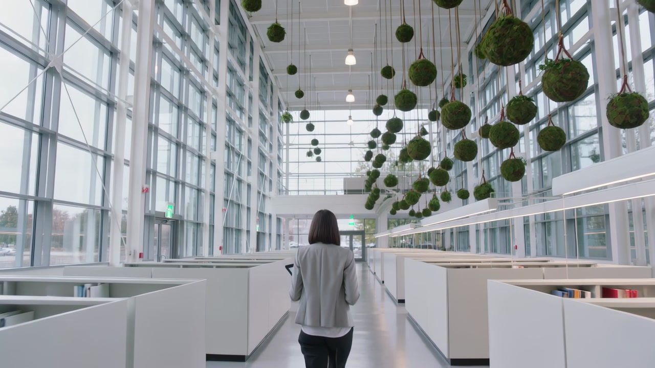 Leaving workspace, woman in blazer walking toward glass exit in atrium, glancing at green spheres