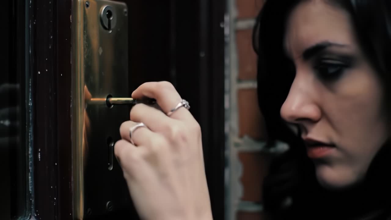 A woman interacts with a key as she approaches a door, contemplating her next move while showcasing a moment of intrigue and suspense in an intimate setting