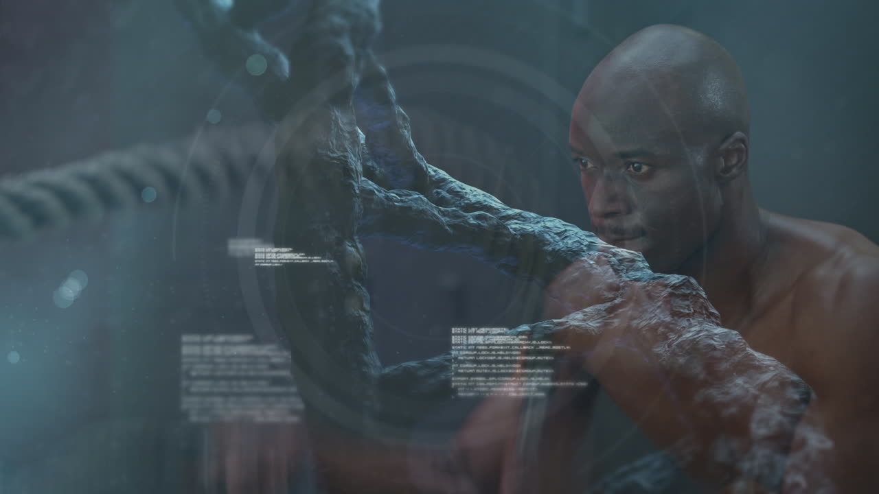 Animation of dna strand spinning over data processing and exercising strongman