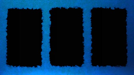 three vertical black pillarbox for video or image in video with blue purple textured paper background, ready for luma key