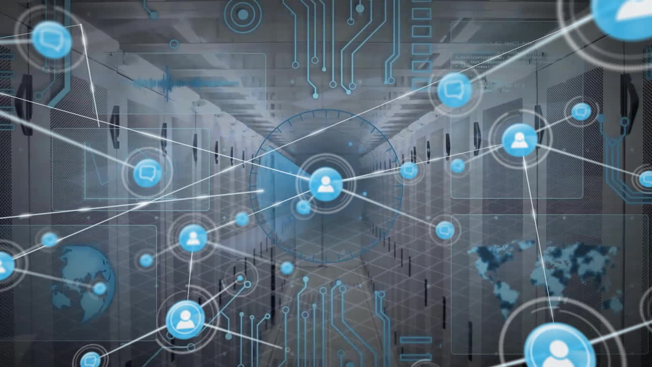 Animation of network of people icons over motherboard, data processing and server room