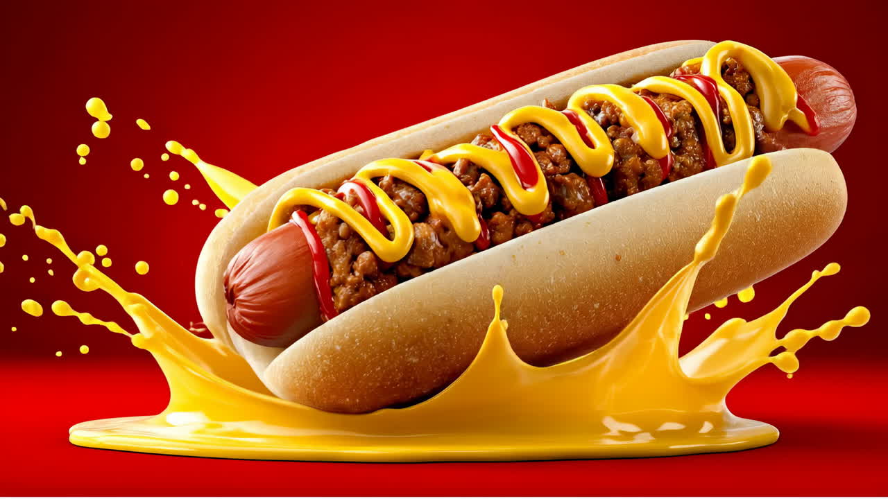 Un hot dog è posizionato su una superficie rossa. Un hot dog è posizionato su una superficie rossa e contiene carne, senape e ketchup. Una salsa gialla sta gocciolando.