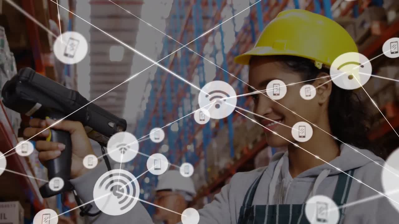 animación de la red de conexiones con iconos sobre diversos trabajadores en el almacén