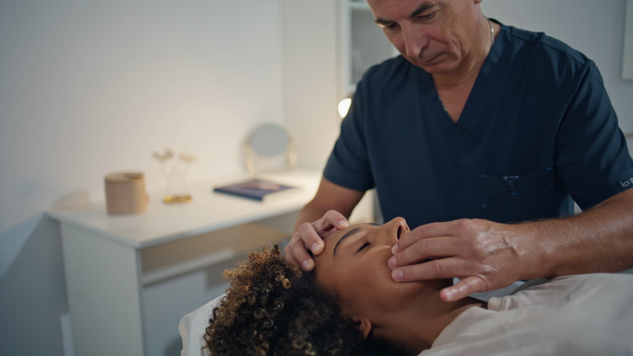 Closeup osteopath massaging head in ward. Mature physiotherapist healing woman