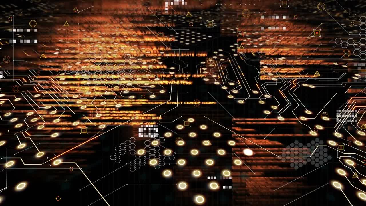 Animation of microprocessor connections over data processing against black background