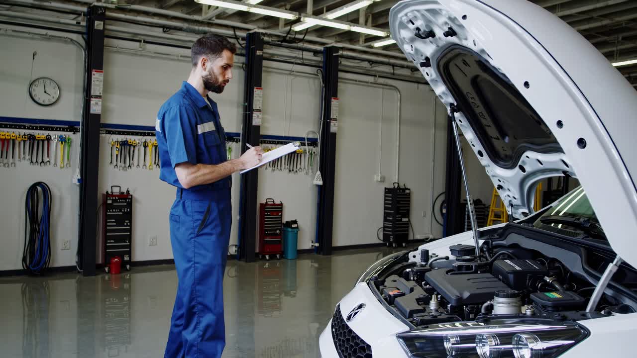 Mechanic in blue overalls inspects a car engine with a tablet in a garage