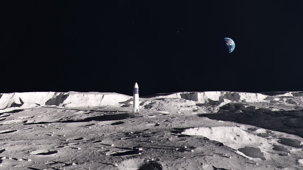 Inquadratura media di presentazione di un razzo spaziale sulla superficie della Luna con la Terra sullo sfondo