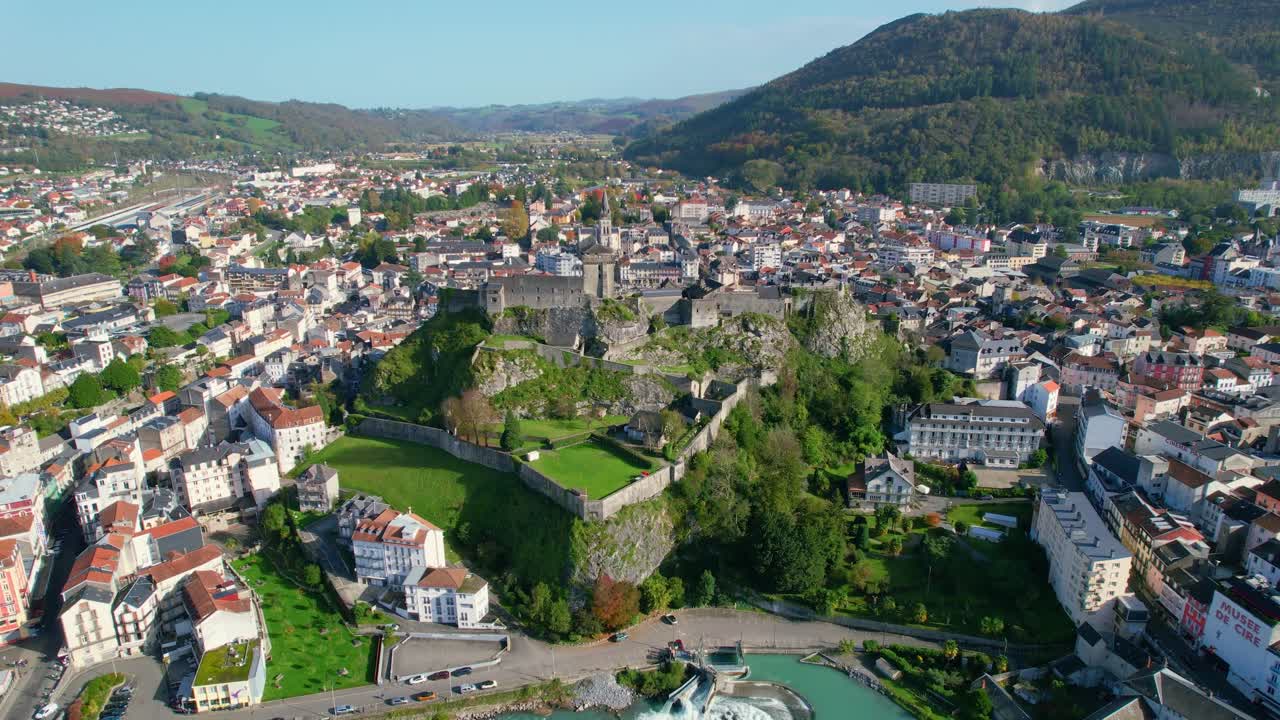 Lourdes view with Pyrenees, noted for meditative tranquility and pilgrimage