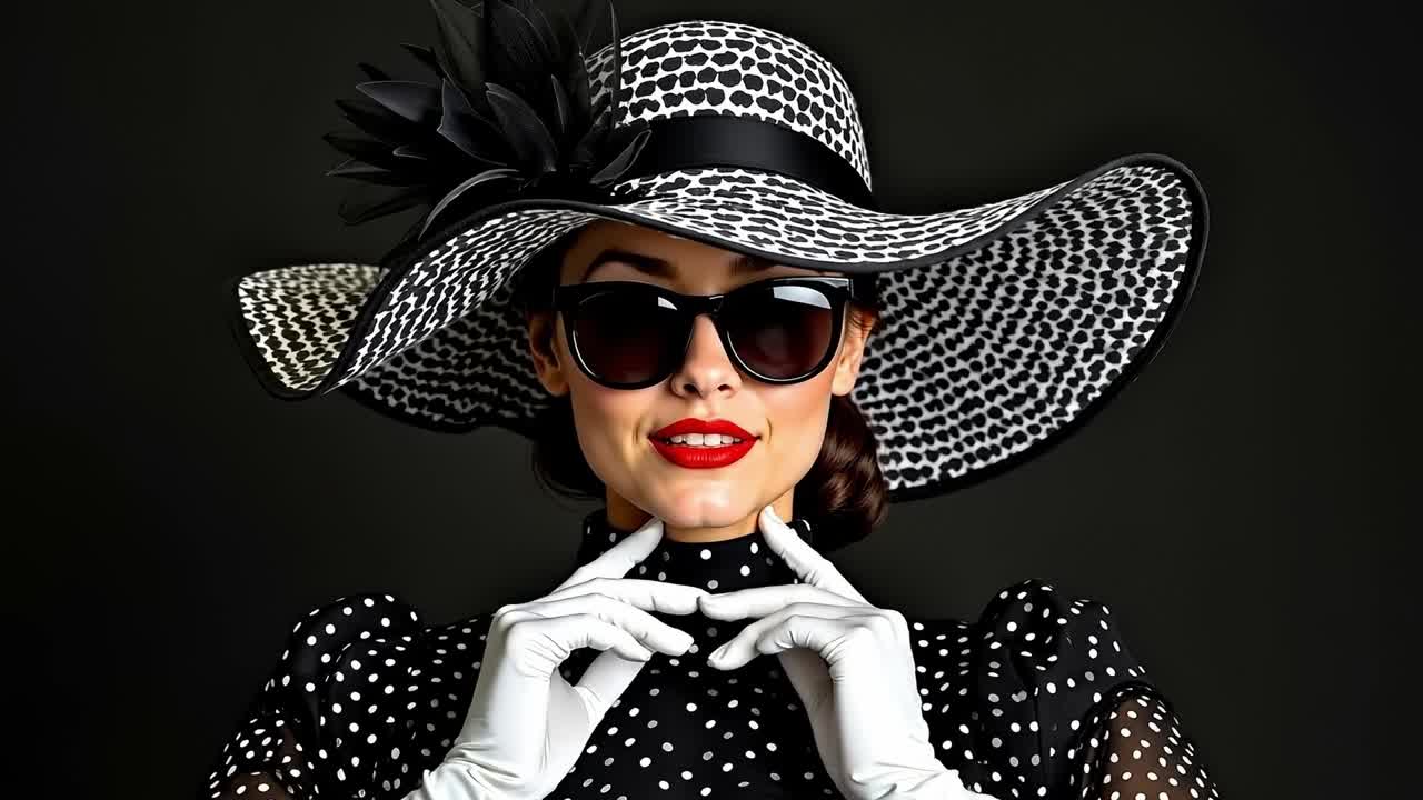 A woman wearing a black and white polka dot dress and a large hat