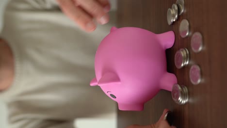 vertical shot of a person keeping money in his piggy bank