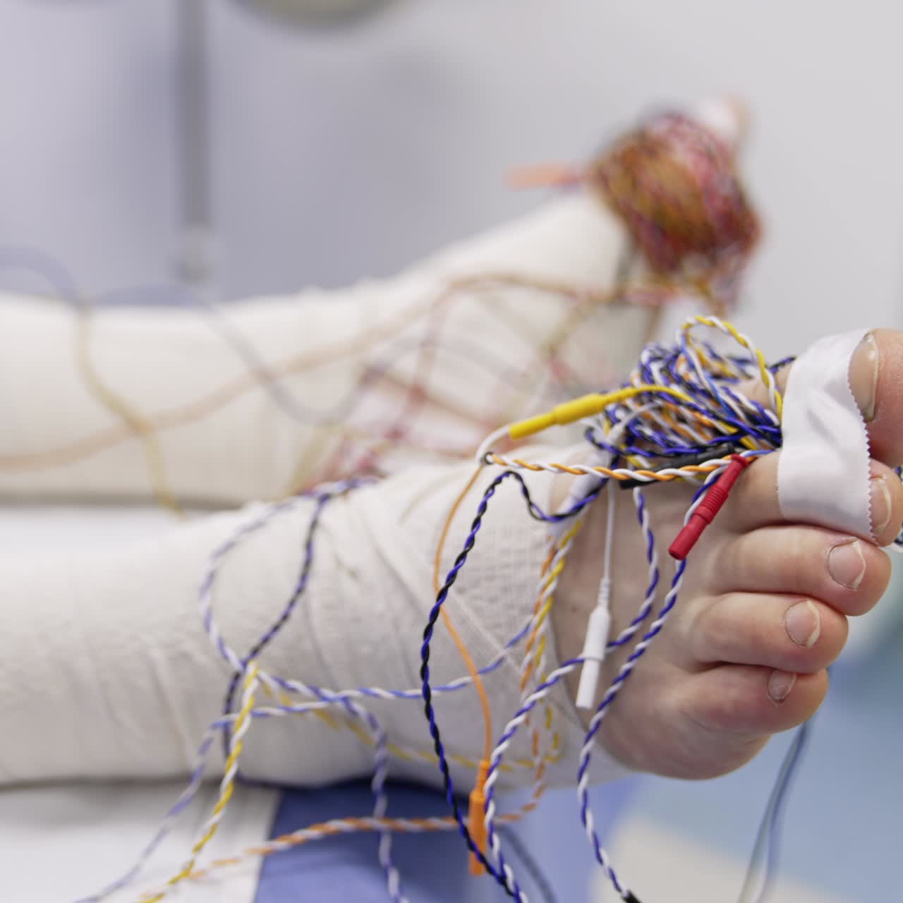 Patient's legs covered in bandages with some wires around. Close up. Neuromonitoring in modern hospital