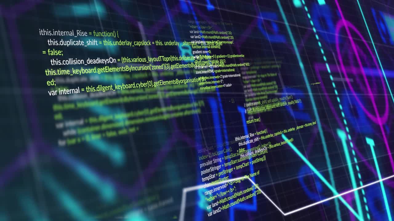 Dark 3D grid receding, initiating code blocks fading, snippets rotating while showing coding flow