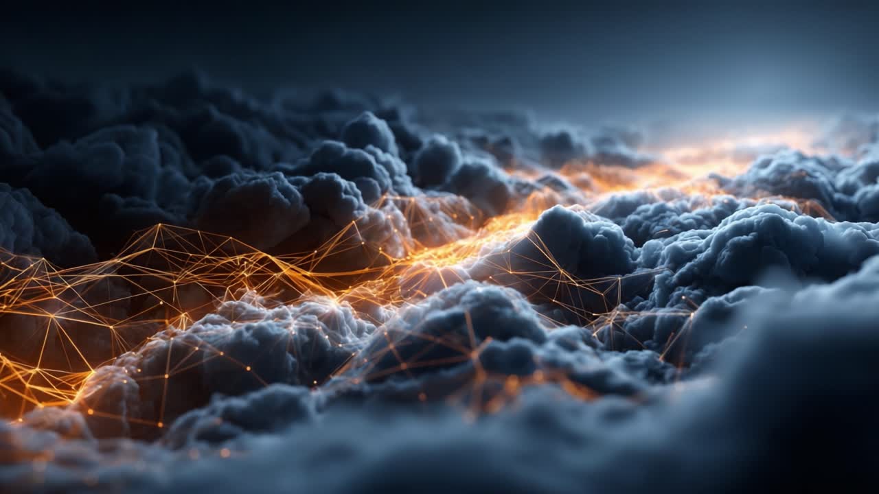 A Mesmerizing Display of Illuminated Clouds and Abstract Connections in a Dreamlike Atmosphere, Showcasing the Beauty of Nature and Technology Intertwined