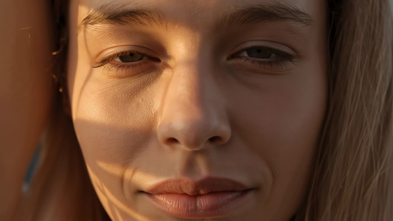 Blinking woman showing eye shifts and smile as sun shifting during golden hour with slatted shadows
