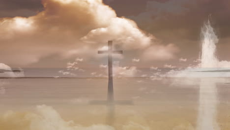 animation of christian cross over landscape with clouds background