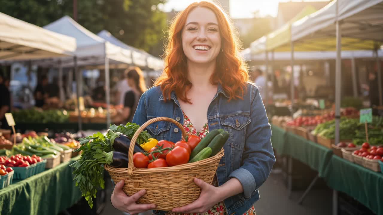 Joyful Market Experience: A Young Woman Embracing Fresh Produce in a Bustling Farmer's Market, Surrounded by Vibrant Fruits and Vegetables Under a Warm Sunset