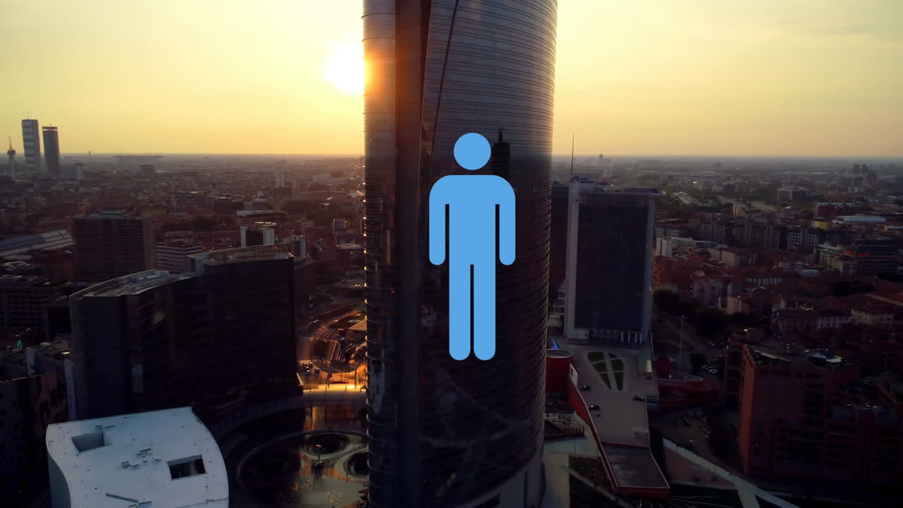 animación del icono de un solo hombre azul que aparece sobre el paisaje urbano moderno al atardecer