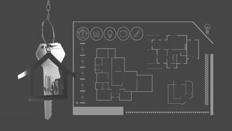 House-keys-and-key-fob-hanging-over-architectural-drawing-4k