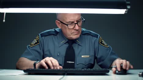 focused law enforcement officer analyzing data at a computer station, enhancing criminal investigations with technology and precise attention to detail