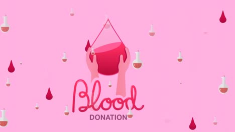 animation of lab glasses and blood drops over hand holding blood and blood donation