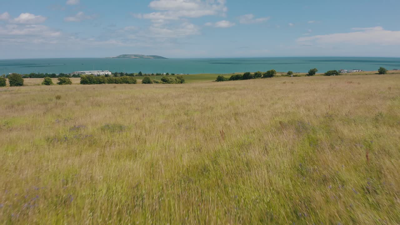 4k вперед низко над полем, затем поднять вверх, чтобы показать береговую линию
