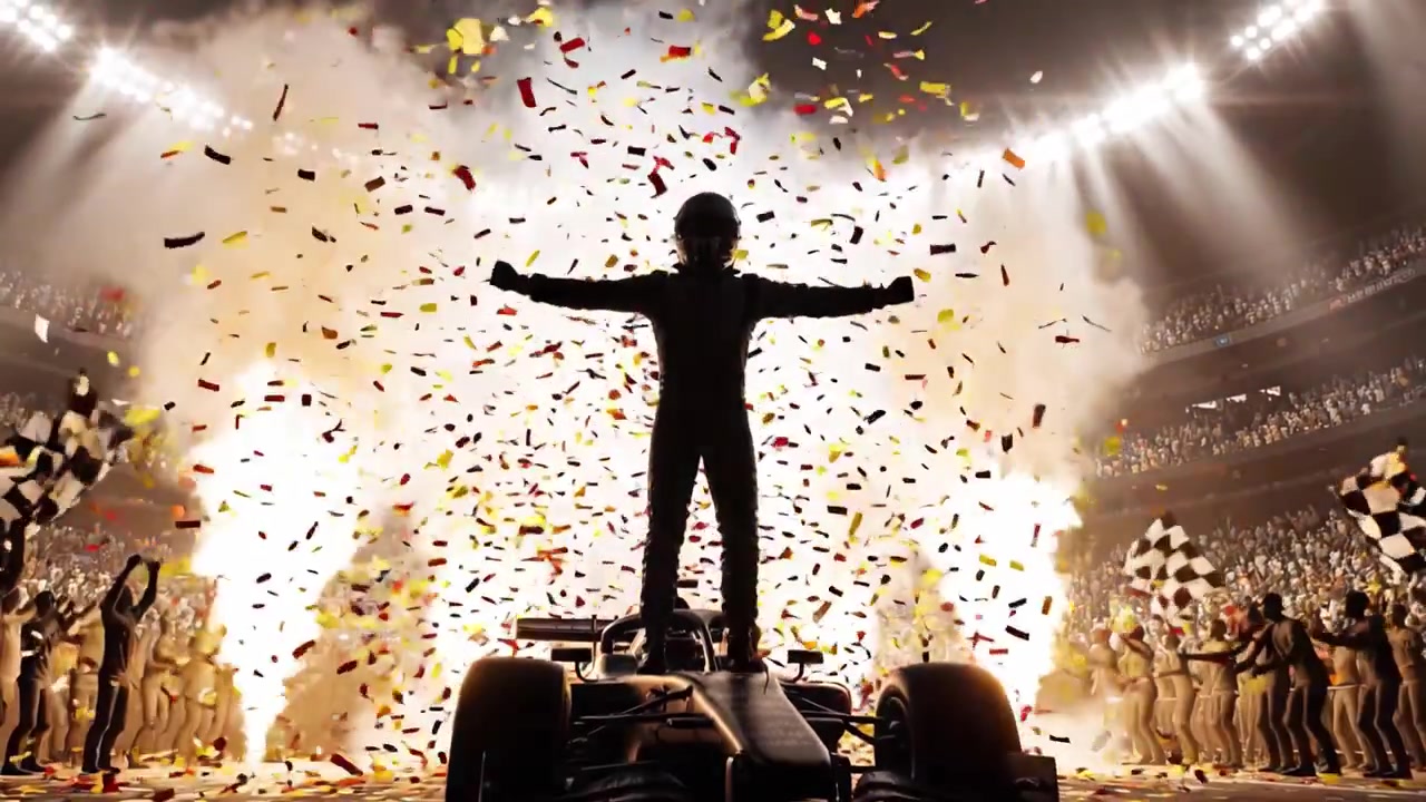 Celebrating Victory: A Champion Rises Amidst a Vibrant Display of Confetti and Cheer in a Grand Racing Ceremony