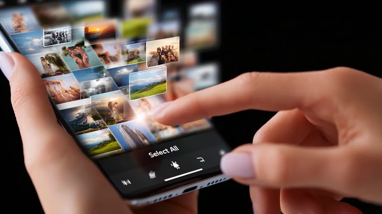 Exploring Digital Memories: A Close-Up of a Hand Selecting Photos on a Smartphone with a Vibrant Gallery of Images Displayed, Showcasing Moment Collection and Touch Interaction
