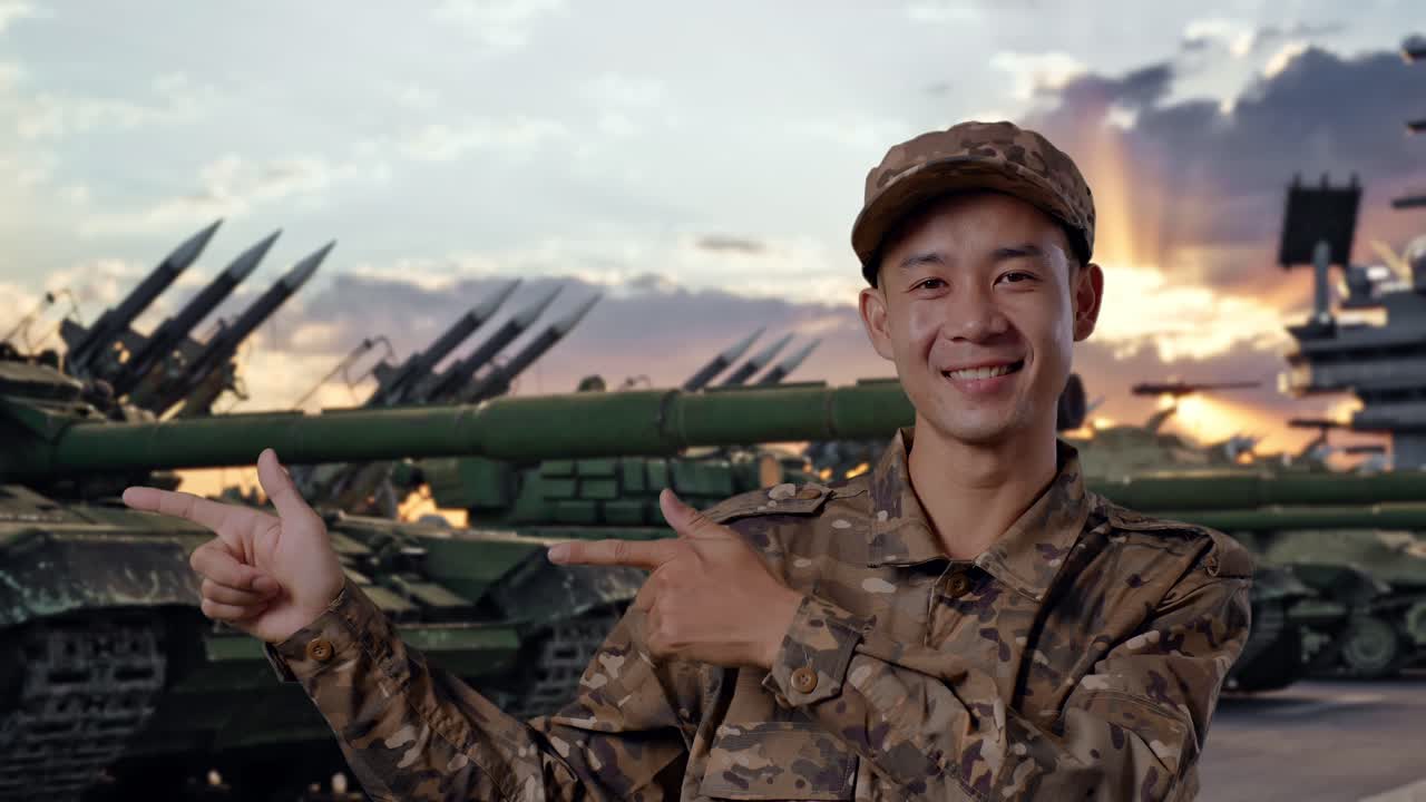 戦車と共に立ち、微笑みながら横を指さすアジア人男性兵士のクローズアップ