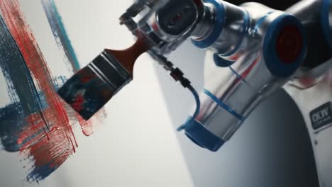 A robotic arm elegantly paints bold strokes of red and blue on a canvas, showcasing advanced technology blending with creativity. The studio glows with innovation and artistic flair.