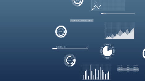 animation of financial data processing and statistics over blue background