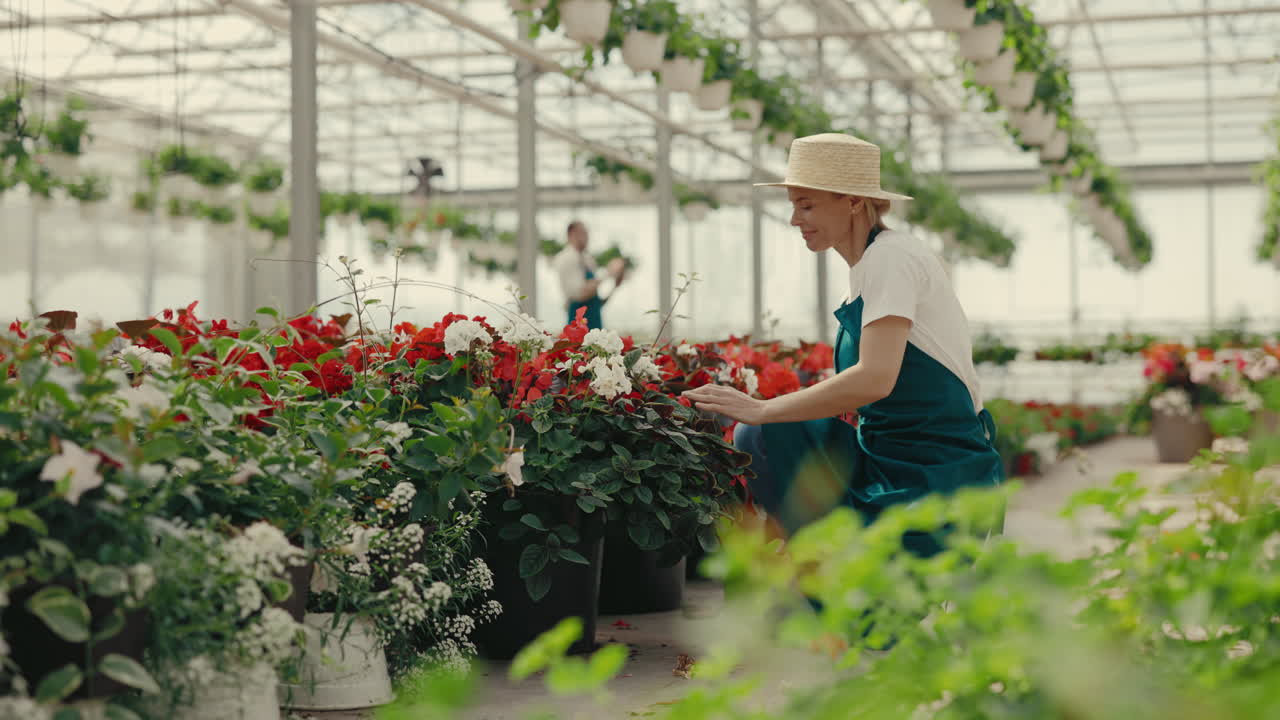 Woman watering plants in a vibrant greenhouse