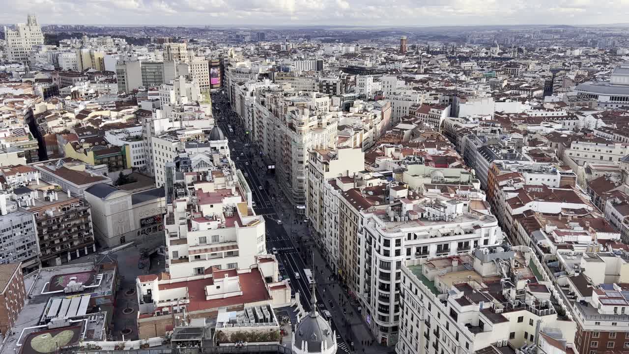 Street view of Madrid’s Gran Vía in January with people walking along the famous boulevard, cars and city lights under a cloudy winter sky, showcasing the beautiful architecture of Spain’s capital