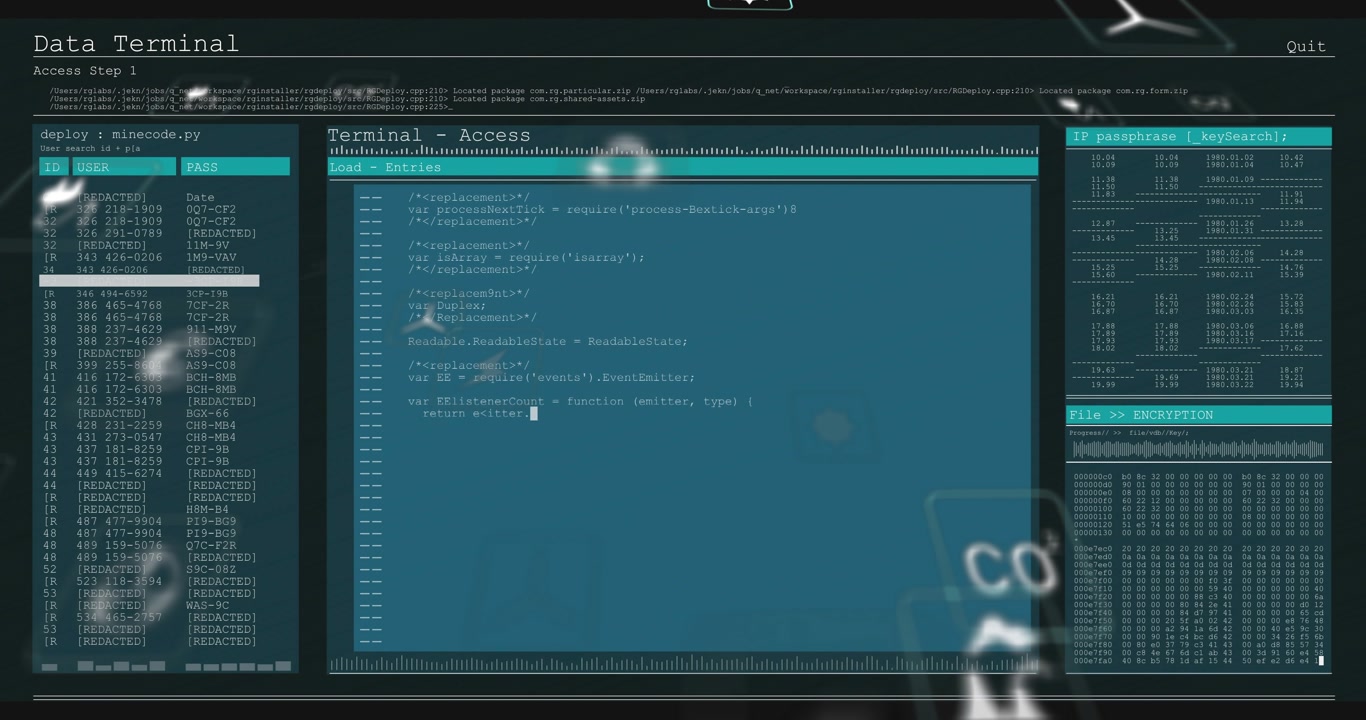 Cursor appearing and deploying code in central panel, panels marking passes and icons drifting