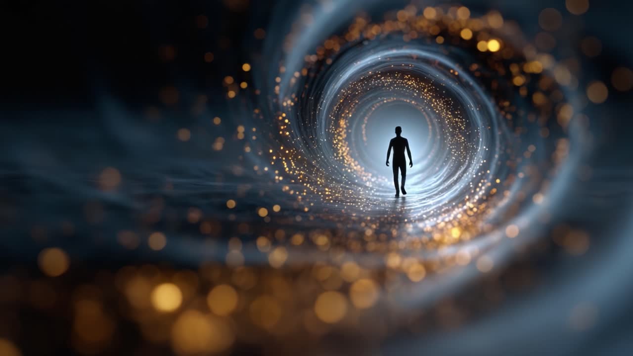 A solitary figure walks through a mesmerizing vortex of light and energy, symbolizing a journey into the unknown, exploration of consciousness, or transcendence
