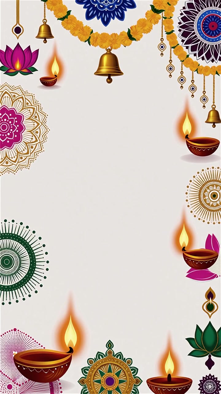 Sfondo Diwali con Diyas luminosi, Rangoli e fiori di loto
